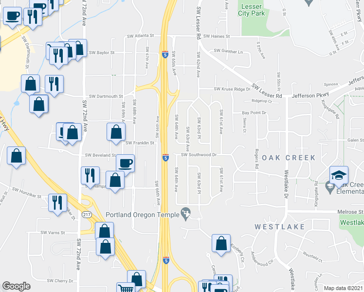 map of restaurants, bars, coffee shops, grocery stores, and more near 13190 Southwest 63rd Avenue in Portland