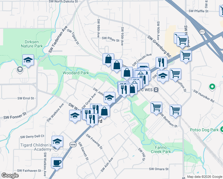 map of restaurants, bars, coffee shops, grocery stores, and more near 12348 Southwest Grant Avenue in Tigard