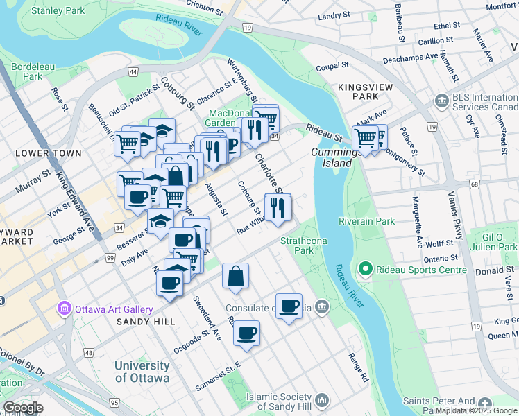 map of restaurants, bars, coffee shops, grocery stores, and more near 219 Cobourg Street in Ottawa