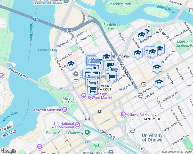 map of restaurants, bars, coffee shops, grocery stores, and more near 274 Dalhousie Street in Ottawa