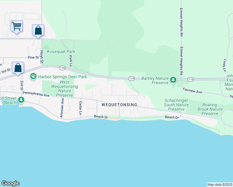 map of restaurants, bars, coffee shops, grocery stores, and more near 2398 Central Avenue in Harbor Springs