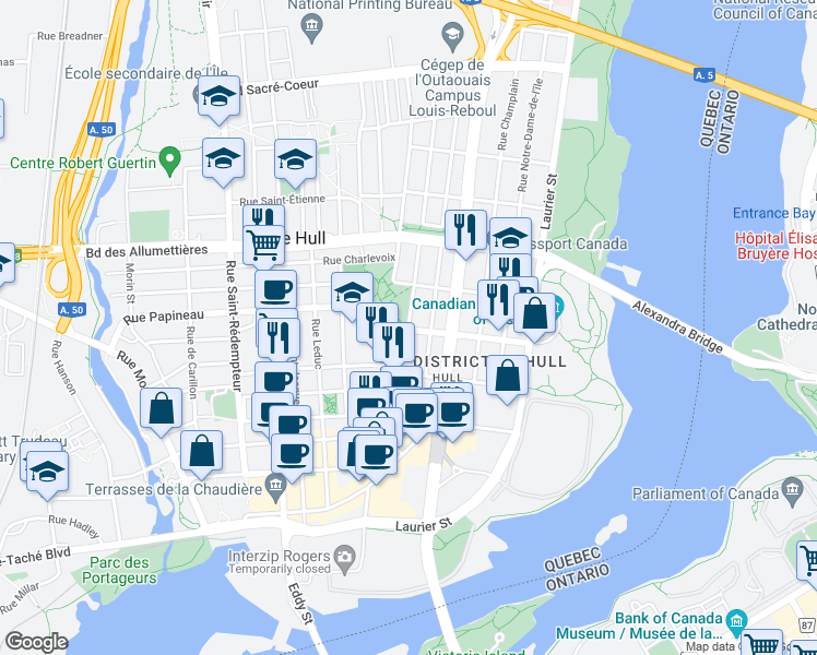 map of restaurants, bars, coffee shops, grocery stores, and more near 82 Rue Kent in Gatineau
