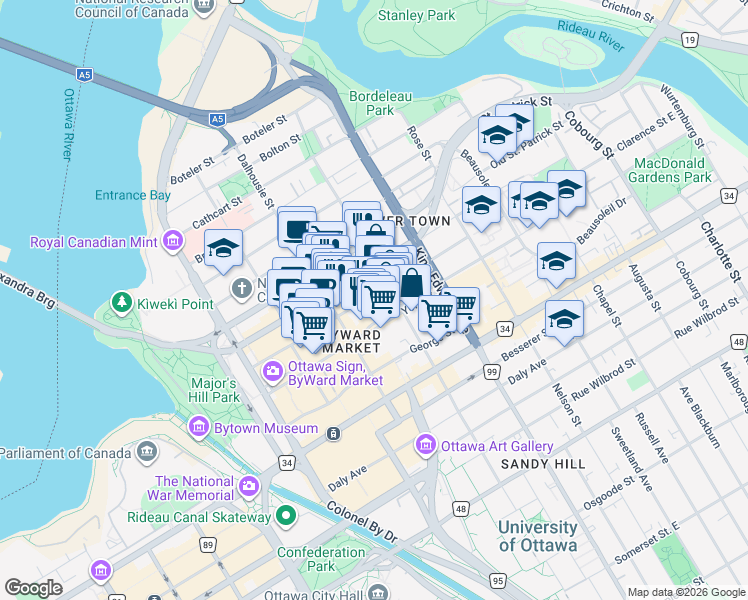 map of restaurants, bars, coffee shops, grocery stores, and more near 174 Clarence Street in Ottawa