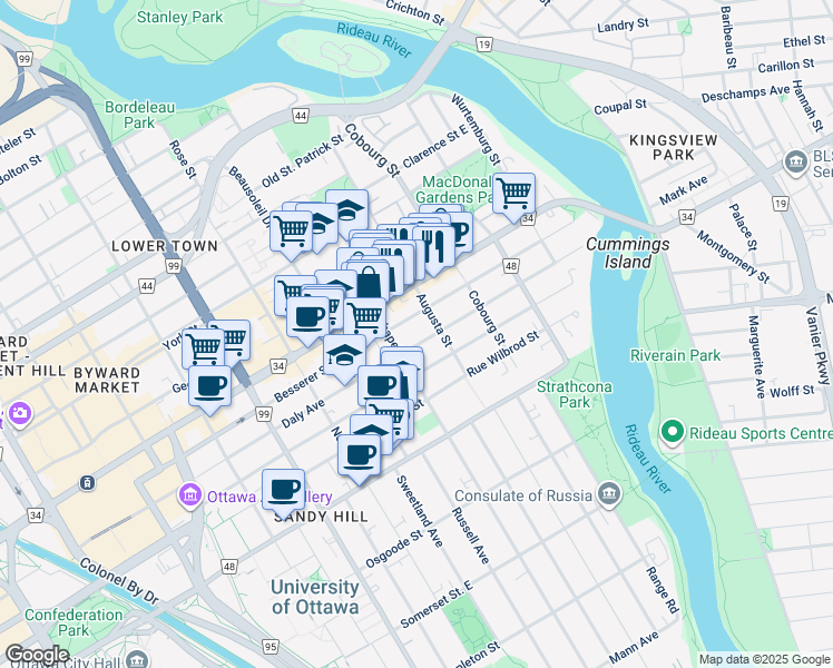 map of restaurants, bars, coffee shops, grocery stores, and more near 315 Daly Avenue in Ottawa