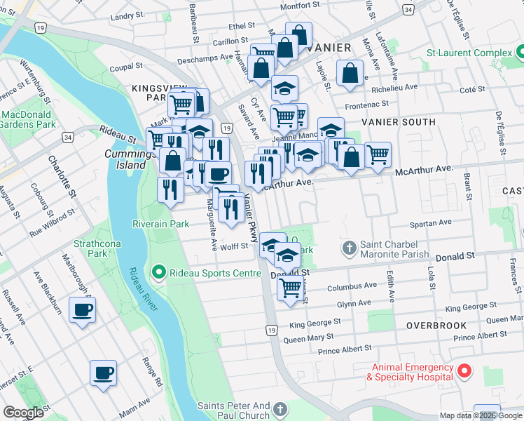 map of restaurants, bars, coffee shops, grocery stores, and more near 158B McArthur Avenue in Ottawa