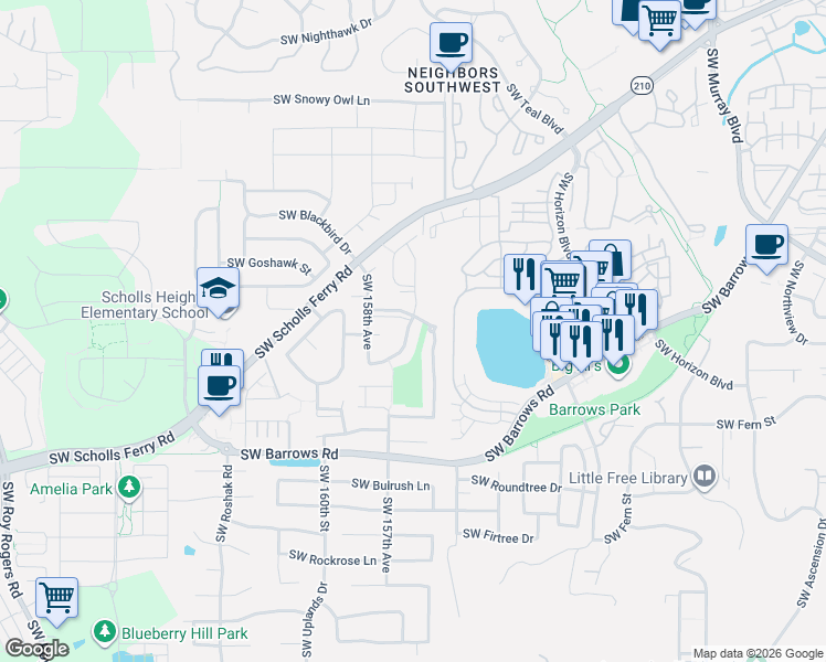 map of restaurants, bars, coffee shops, grocery stores, and more near 12424 Southwest Sheldrake Way in Beaverton