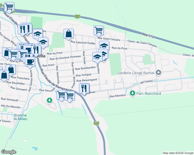 map of restaurants, bars, coffee shops, grocery stores, and more near 2283 Rue Beauregard in Marieville