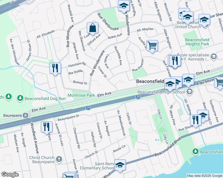 map of restaurants, bars, coffee shops, grocery stores, and more near 373 Elm Avenue in Beaconsfield