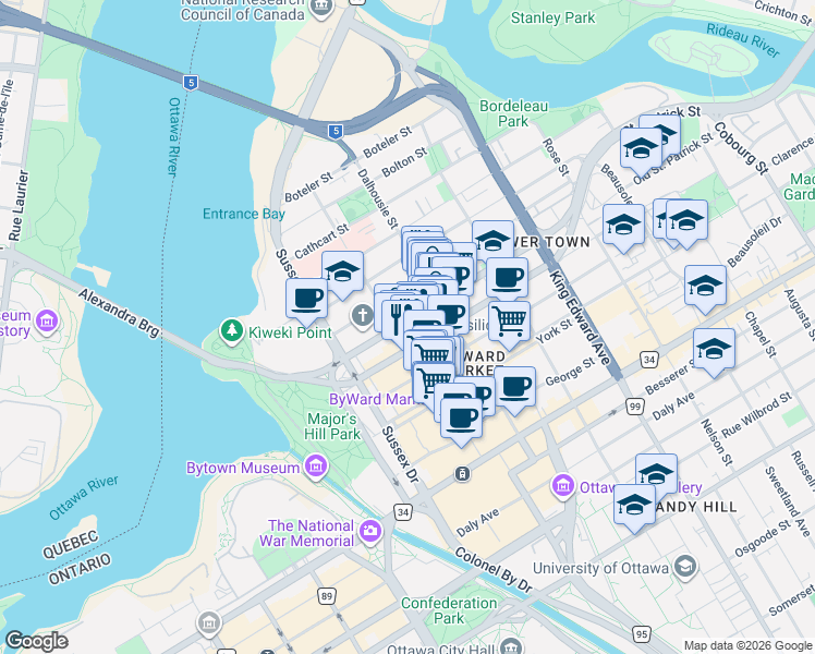 map of restaurants, bars, coffee shops, grocery stores, and more near 101 Parent Avenue in Ottawa