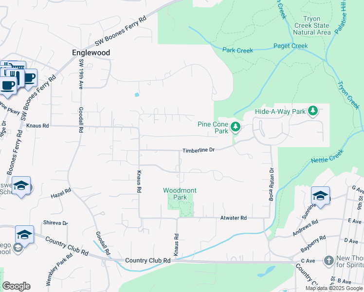 map of restaurants, bars, coffee shops, grocery stores, and more near 1145 Timberline Drive in Lake Oswego