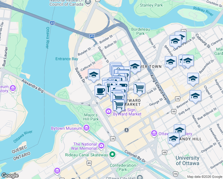 map of restaurants, bars, coffee shops, grocery stores, and more near 202 Saint Patrick Street in Ottawa