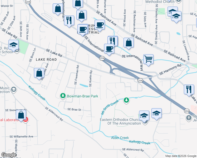 map of restaurants, bars, coffee shops, grocery stores, and more near 12855 Southeast Sprout Lane in Milwaukie