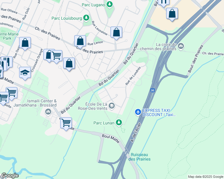 map of restaurants, bars, coffee shops, grocery stores, and more near 7150 Lanivet Street in Brossard