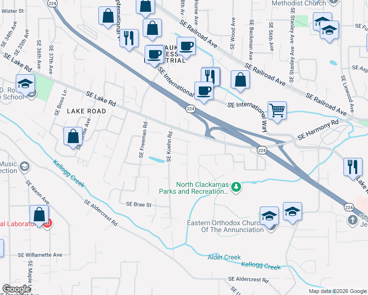 map of restaurants, bars, coffee shops, grocery stores, and more near 12855 Southeast Sprout Lane in Milwaukie
