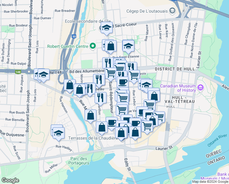 map of restaurants, bars, coffee shops, grocery stores, and more near 9 Rue Ludger-Duvernay in Gatineau