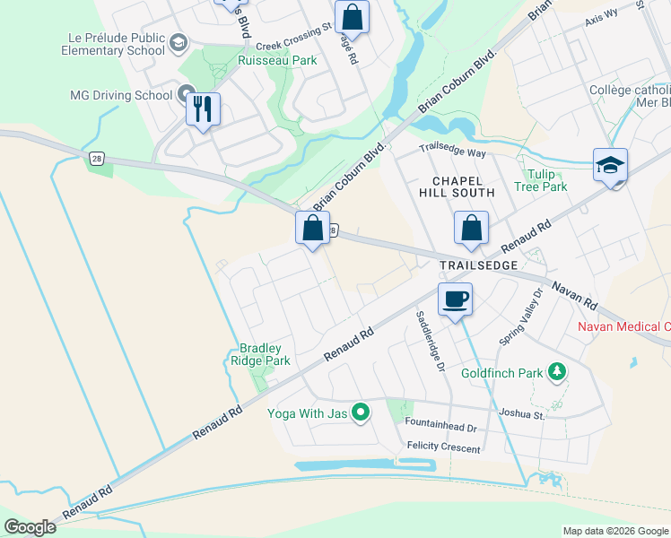 map of restaurants, bars, coffee shops, grocery stores, and more near 3008 Navan Road in Ottawa