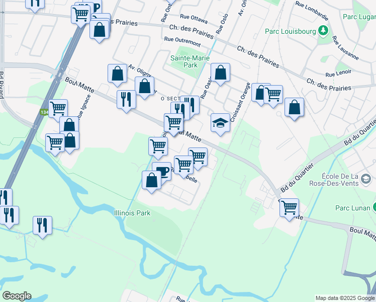 map of restaurants, bars, coffee shops, grocery stores, and more near 3600 Boulevard Matte in Brossard