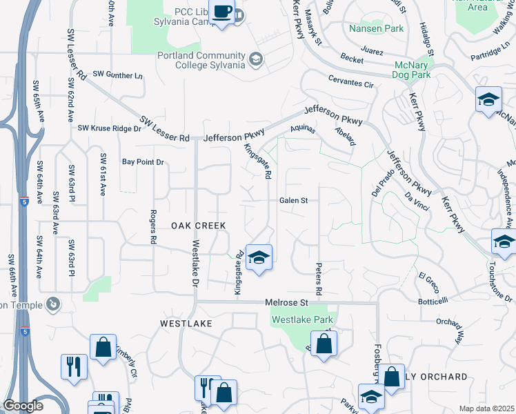 map of restaurants, bars, coffee shops, grocery stores, and more near 87 Galen Street in Lake Oswego