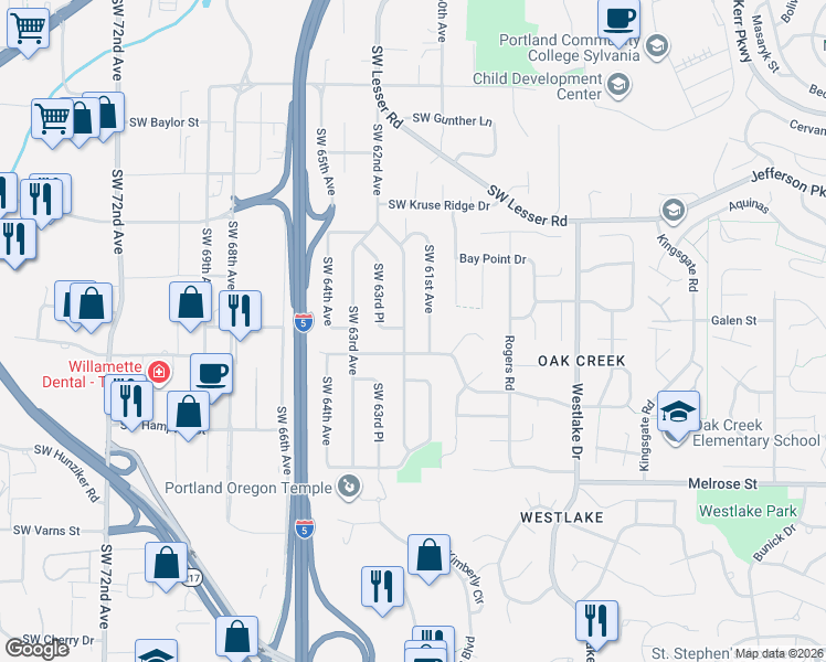 map of restaurants, bars, coffee shops, grocery stores, and more near 13197 Southwest 62nd Avenue in Portland