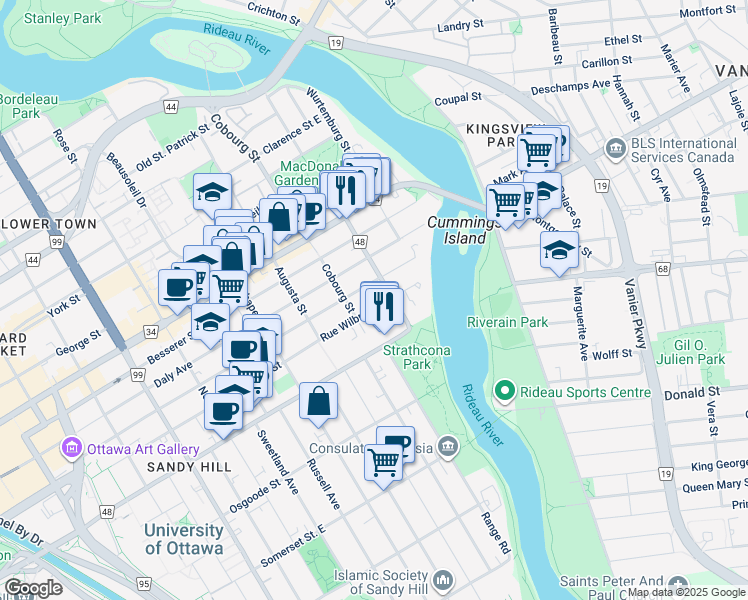map of restaurants, bars, coffee shops, grocery stores, and more near 483 Rue Wilbrod Street in Ottawa