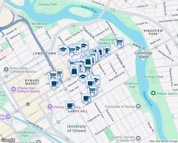 map of restaurants, bars, coffee shops, grocery stores, and more near 165 Chapel Street in Ottawa