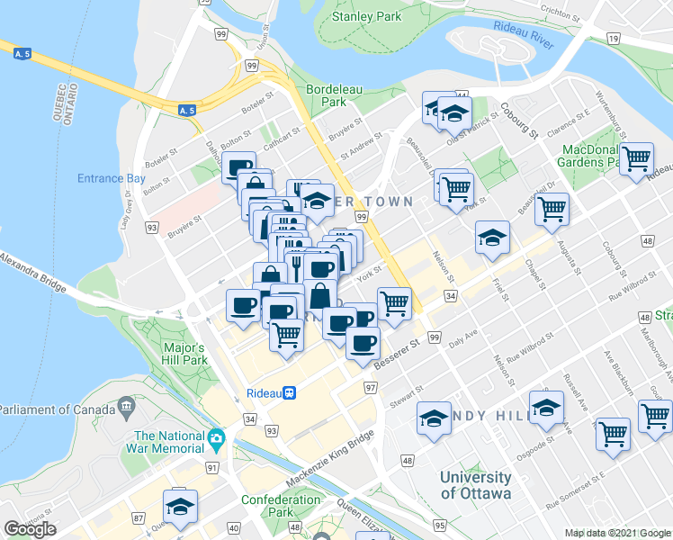 map of restaurants, bars, coffee shops, grocery stores, and more near 179 Clarence Street in Ottawa