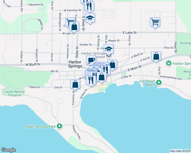 map of restaurants, bars, coffee shops, grocery stores, and more near 111 E 3rd St in Harbor Springs