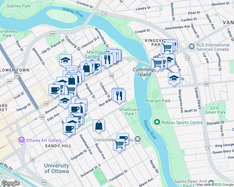 map of restaurants, bars, coffee shops, grocery stores, and more near 483 Rue Wilbrod Street in Ottawa