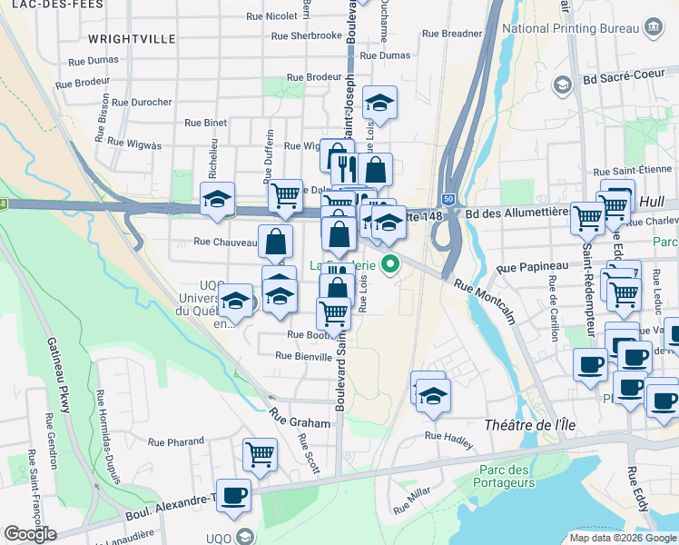 map of restaurants, bars, coffee shops, grocery stores, and more near 109 Boulevard Saint-Joseph in Gatineau