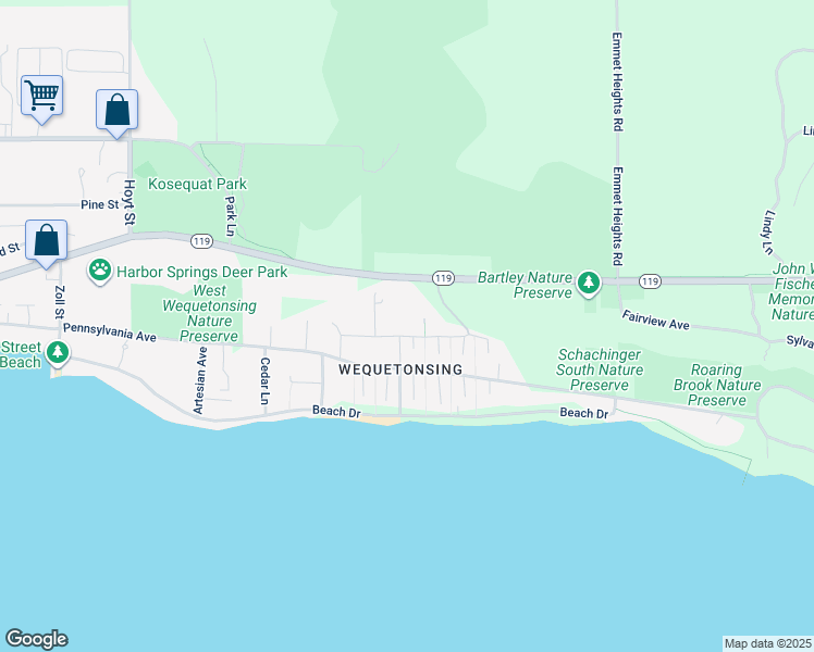 map of restaurants, bars, coffee shops, grocery stores, and more near 2398 Central Avenue in Harbor Springs