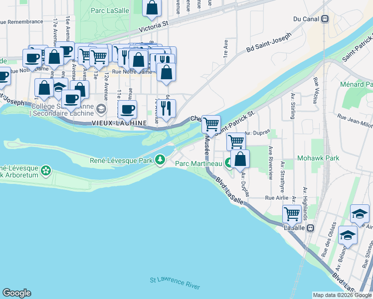 map of restaurants, bars, coffee shops, grocery stores, and more near 201 Chemin du Canal in Montréal