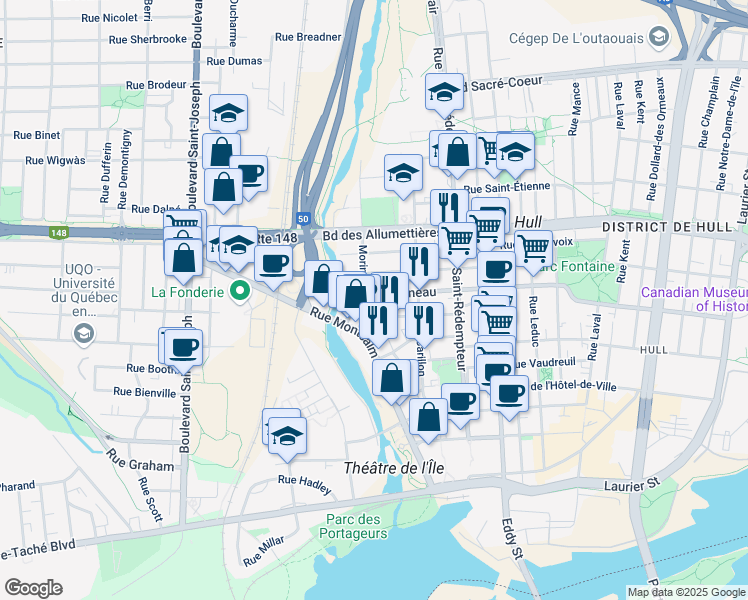 map of restaurants, bars, coffee shops, grocery stores, and more near 22 Rue Papineau in Gatineau