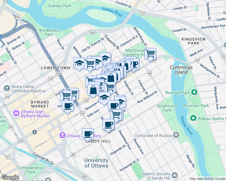 map of restaurants, bars, coffee shops, grocery stores, and more near 385 Besserer Street in Ottawa