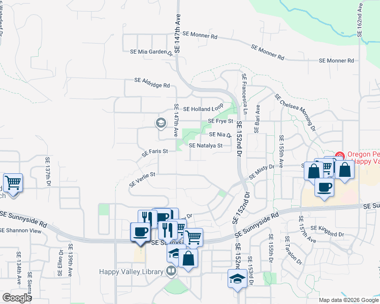 map of restaurants, bars, coffee shops, grocery stores, and more near Southeast Sonora Way in Happy Valley