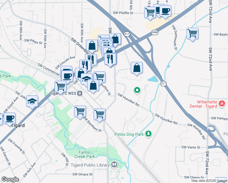 map of restaurants, bars, coffee shops, grocery stores, and more near 12291 Southwest Knoll Drive in Tigard