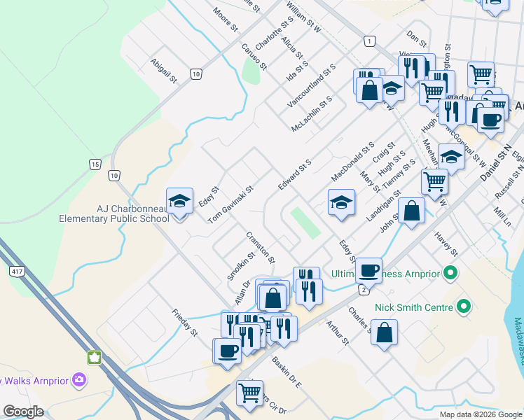 map of restaurants, bars, coffee shops, grocery stores, and more near 5 Laurentian Place in Arnprior