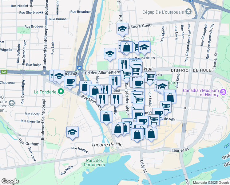 map of restaurants, bars, coffee shops, grocery stores, and more near 74 Rue de Carillon in Gatineau