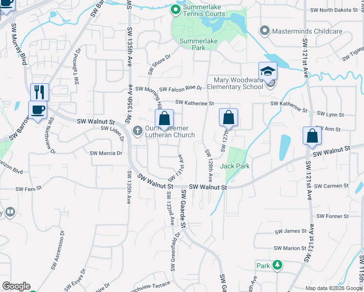 map of restaurants, bars, coffee shops, grocery stores, and more near 12400 Southwest 131st Avenue in Tigard