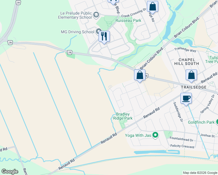 map of restaurants, bars, coffee shops, grocery stores, and more near 160 Whispering Winds Way in Ottawa