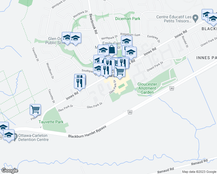 map of restaurants, bars, coffee shops, grocery stores, and more near 1959 Fairglen Mews in Ottawa