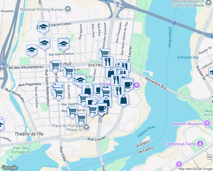 map of restaurants, bars, coffee shops, grocery stores, and more near 148 Boulevard Maisonneuve in Gatineau