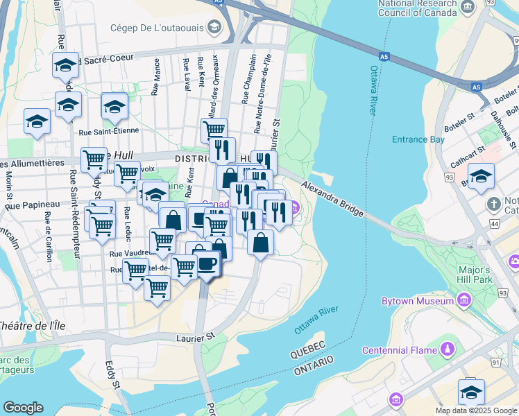 map of restaurants, bars, coffee shops, grocery stores, and more near in Gatineau