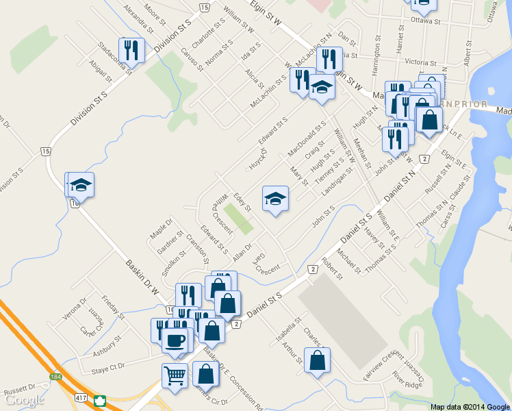 map of restaurants, bars, coffee shops, grocery stores, and more near 85 Edey Street in Arnprior