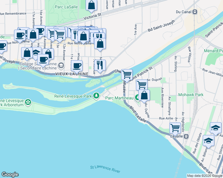map of restaurants, bars, coffee shops, grocery stores, and more near 201 Chemin du Canal in Montréal