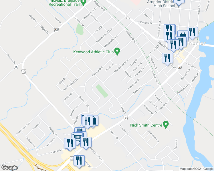 map of restaurants, bars, coffee shops, grocery stores, and more near 85 Edey Street in Arnprior