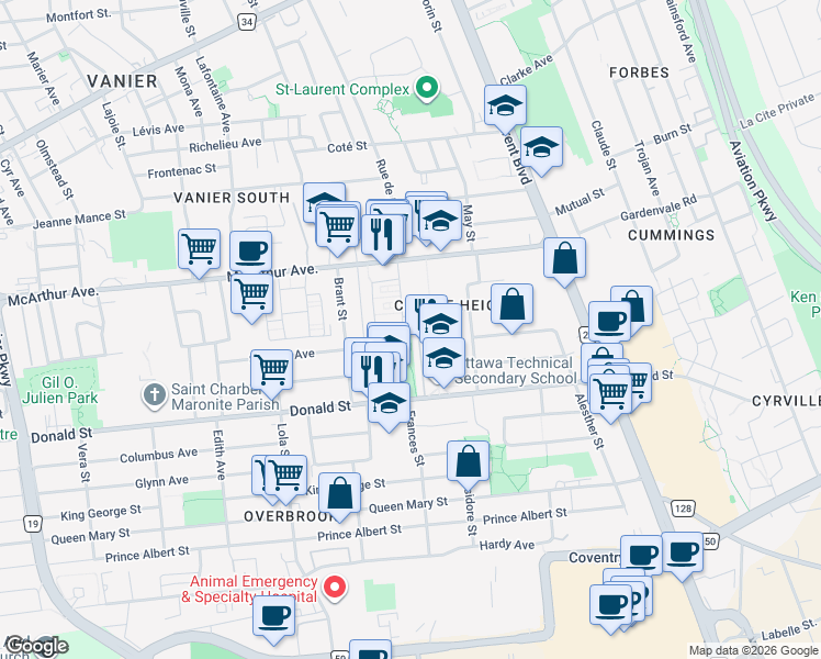 map of restaurants, bars, coffee shops, grocery stores, and more near 4 Barnaby Private in Ottawa