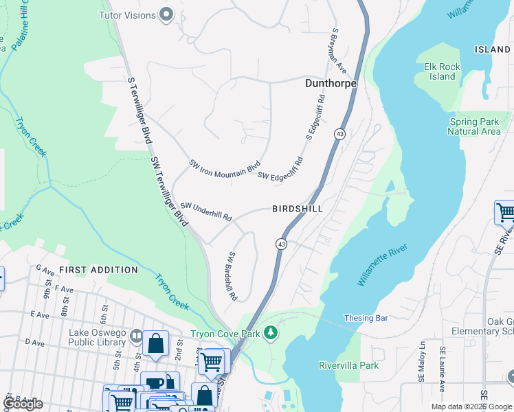 map of restaurants, bars, coffee shops, grocery stores, and more near 1685 Southwest Midvale Road in Portland