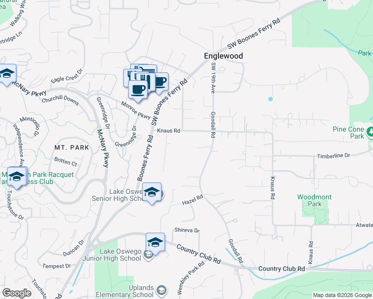 map of restaurants, bars, coffee shops, grocery stores, and more near 2254 Knaus Road in Lake Oswego