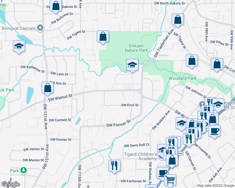 map of restaurants, bars, coffee shops, grocery stores, and more near 11000 Southwest Walnut Street in Tigard