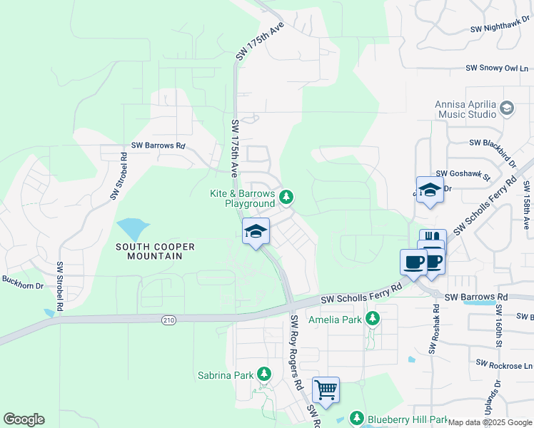 map of restaurants, bars, coffee shops, grocery stores, and more near 17222 Southwest Kite Lane in Beaverton